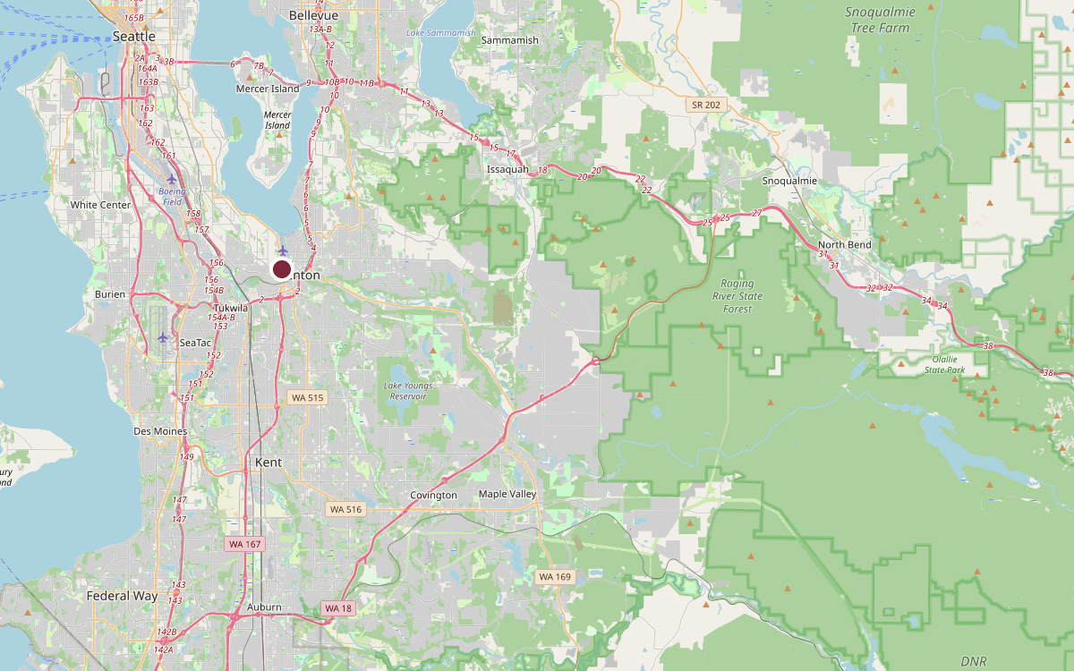 Chimney service area map for southeast King County, WA, showing Renton, Newcastle, Snoqualmie and Maple Valley