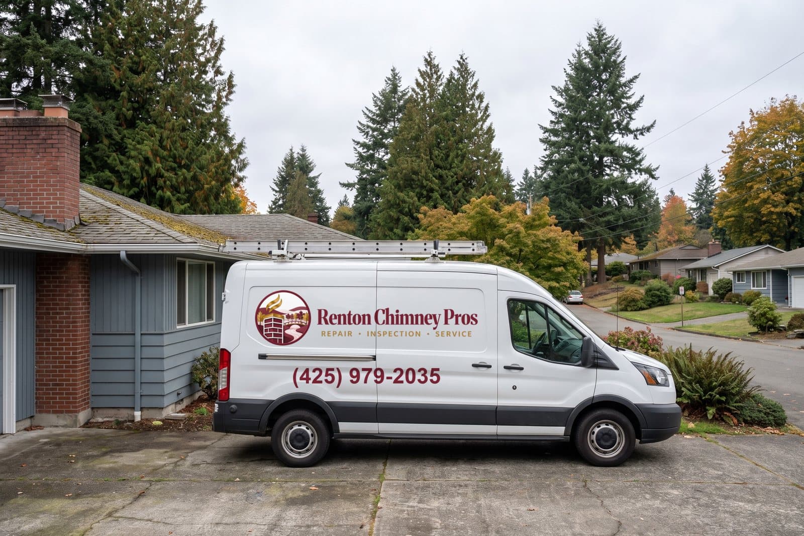 The Renton Chimney Pros service van in the driveway of a Renton home