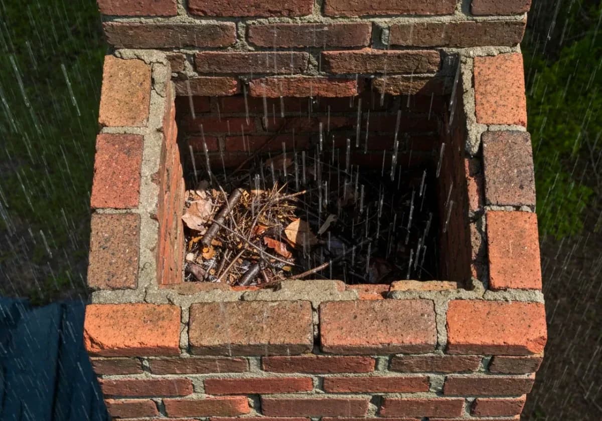 Before — chimney cap installation: A wide-open flue capped in stainless — the rain and the squirrels stay out.