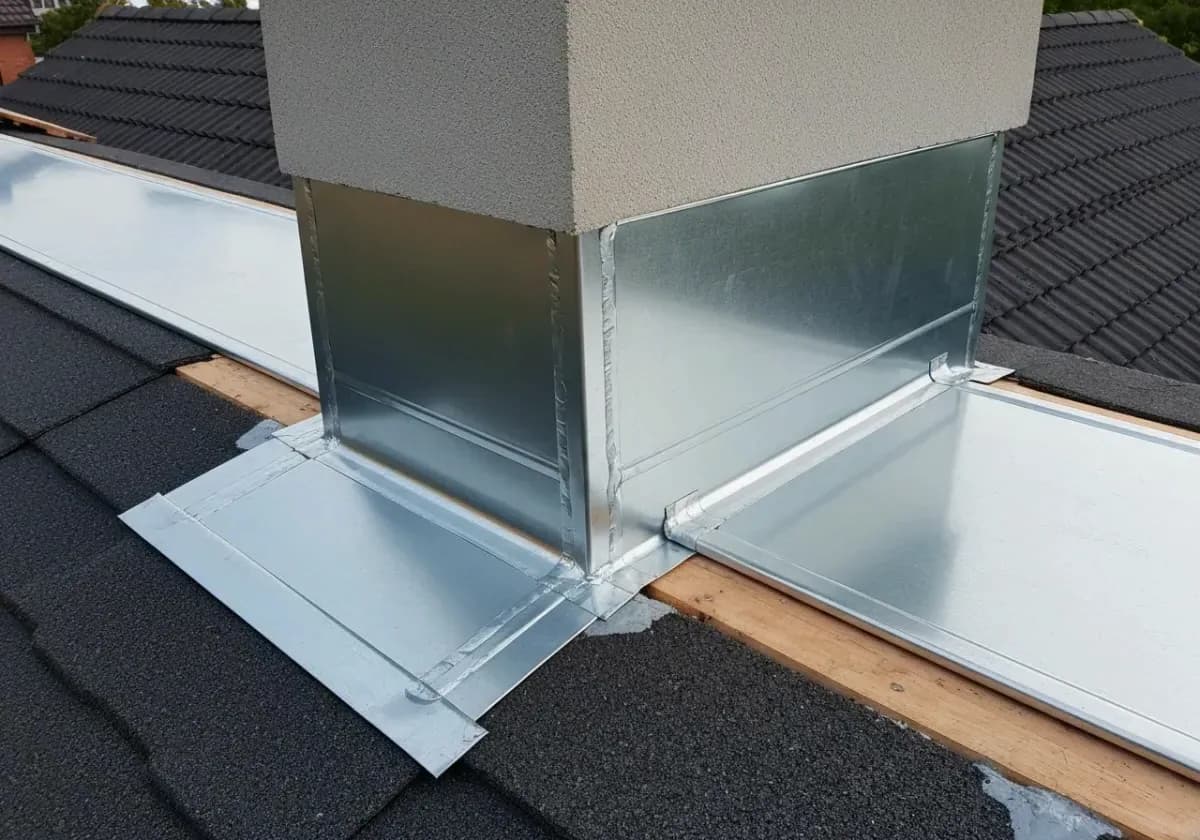 After — chimney flashing repair: Rusted-through flashing stripped and rebuilt where the chimney meets the roof.