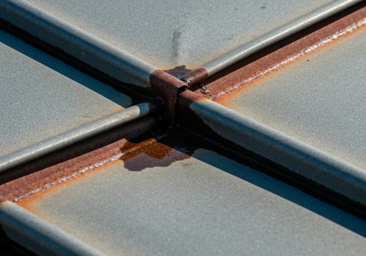 Before — chimney flashing repair: Rusted-through flashing stripped and rebuilt where the chimney meets the roof.