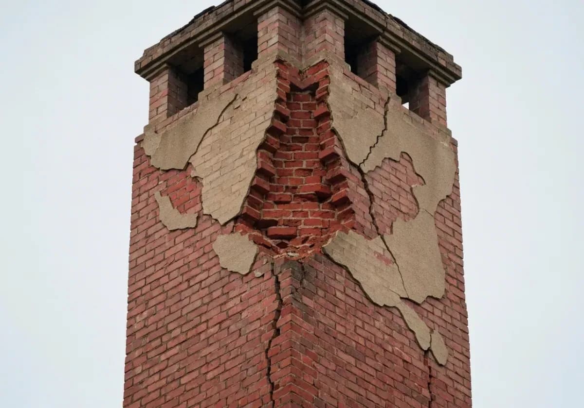 Before — chimney repair: Spalled brick and washed-out mortar rebuilt into a tight, weatherproof stack.