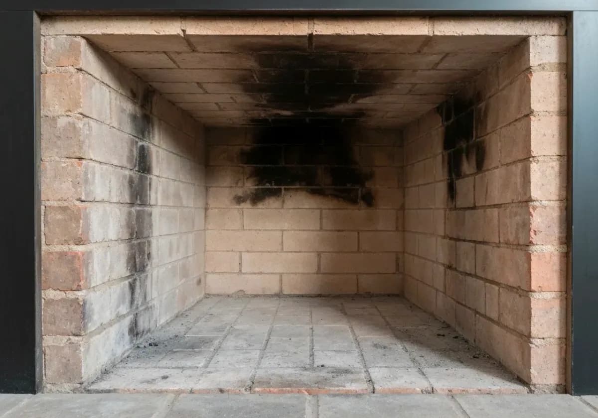 After — chimney sweep: A soot-caked flue and smoke chamber brushed back down to bare masonry.