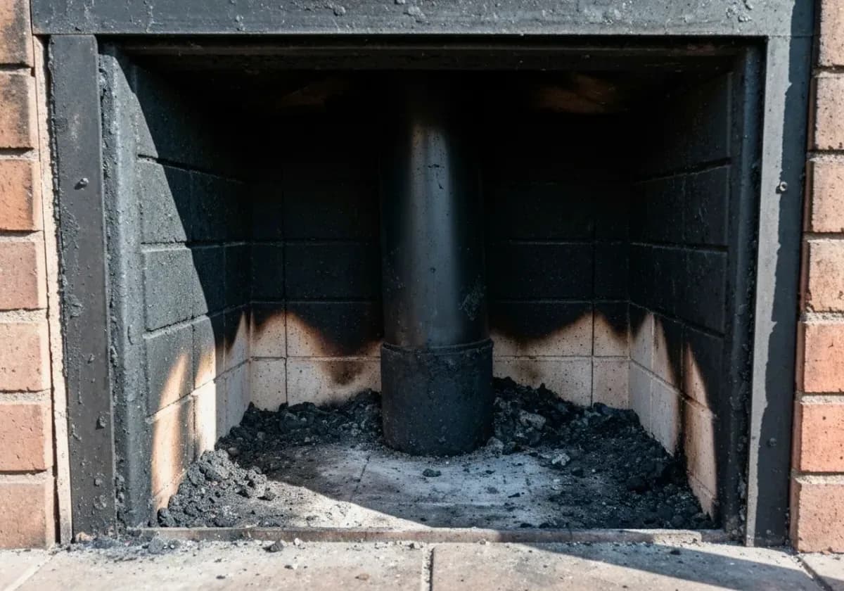 Before — chimney sweep: A soot-caked flue and smoke chamber brushed back down to bare masonry.