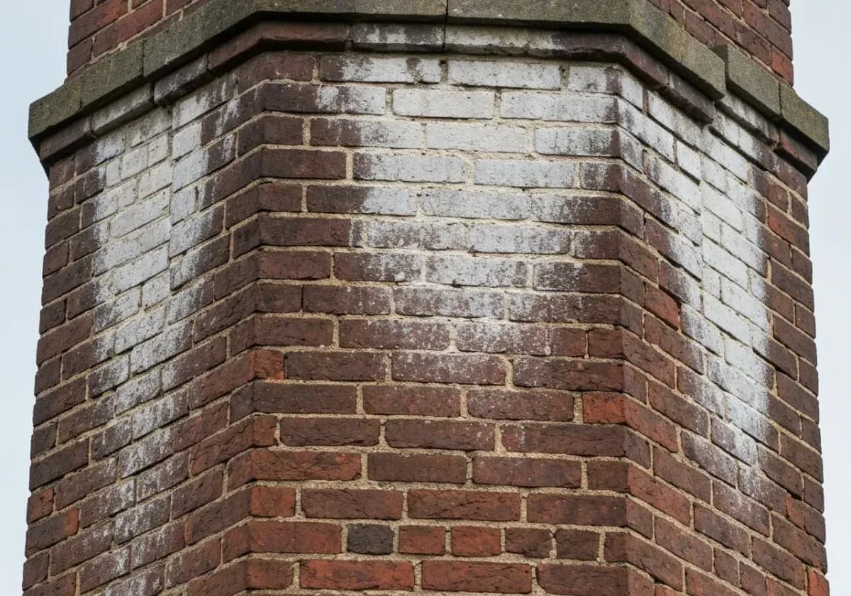 Before — chimney waterproofing: Rain-stained, thirsty brick sealed with a breathable water repellent.