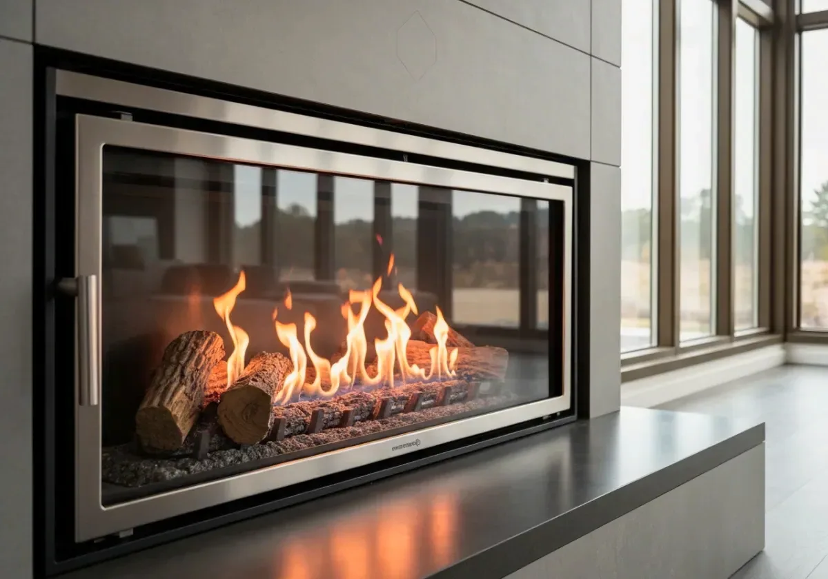 After — gas fireplace service: A sooty, lazy-flame gas unit serviced back to a clean, steady burn.