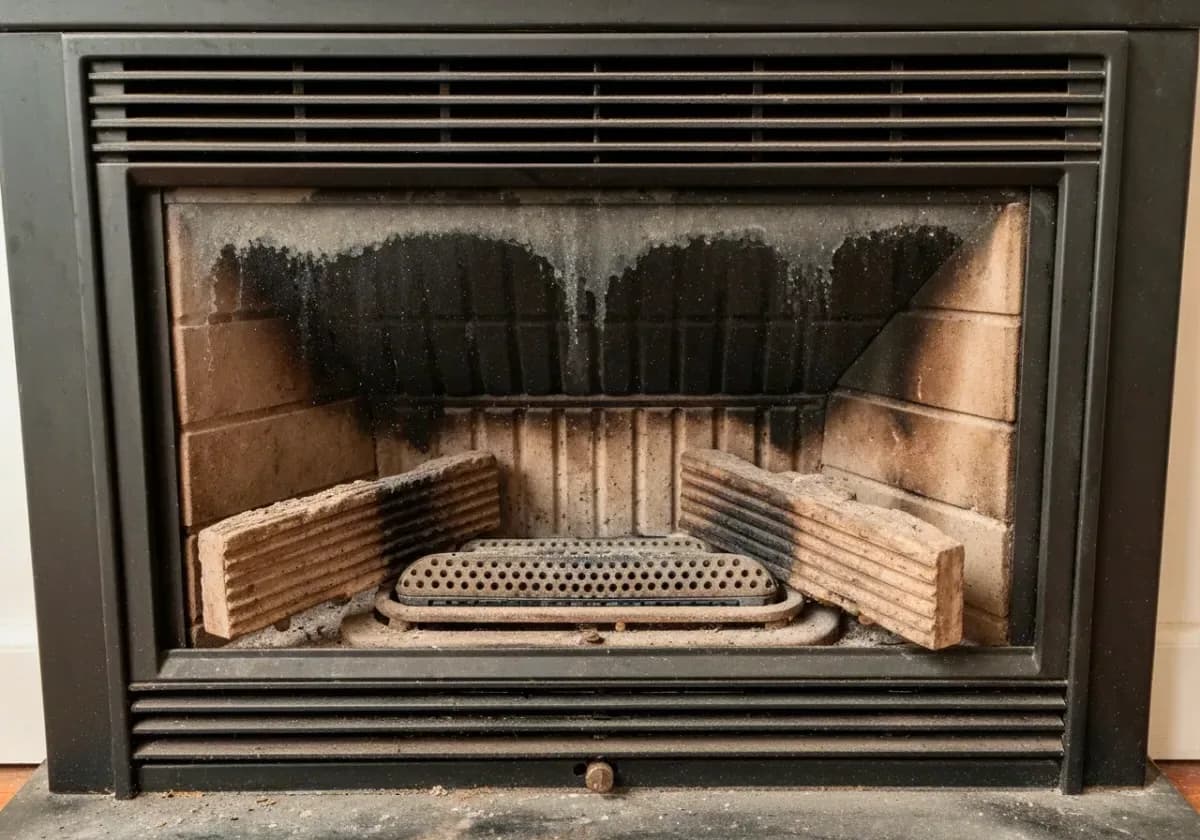 Before — gas fireplace service: A sooty, lazy-flame gas unit serviced back to a clean, steady burn.