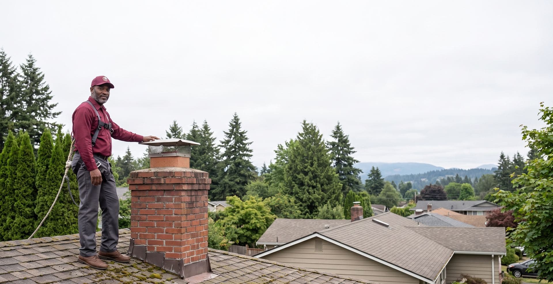 A Renton Chimney Pros technician beside a brick chimney on the roof of a Renton home