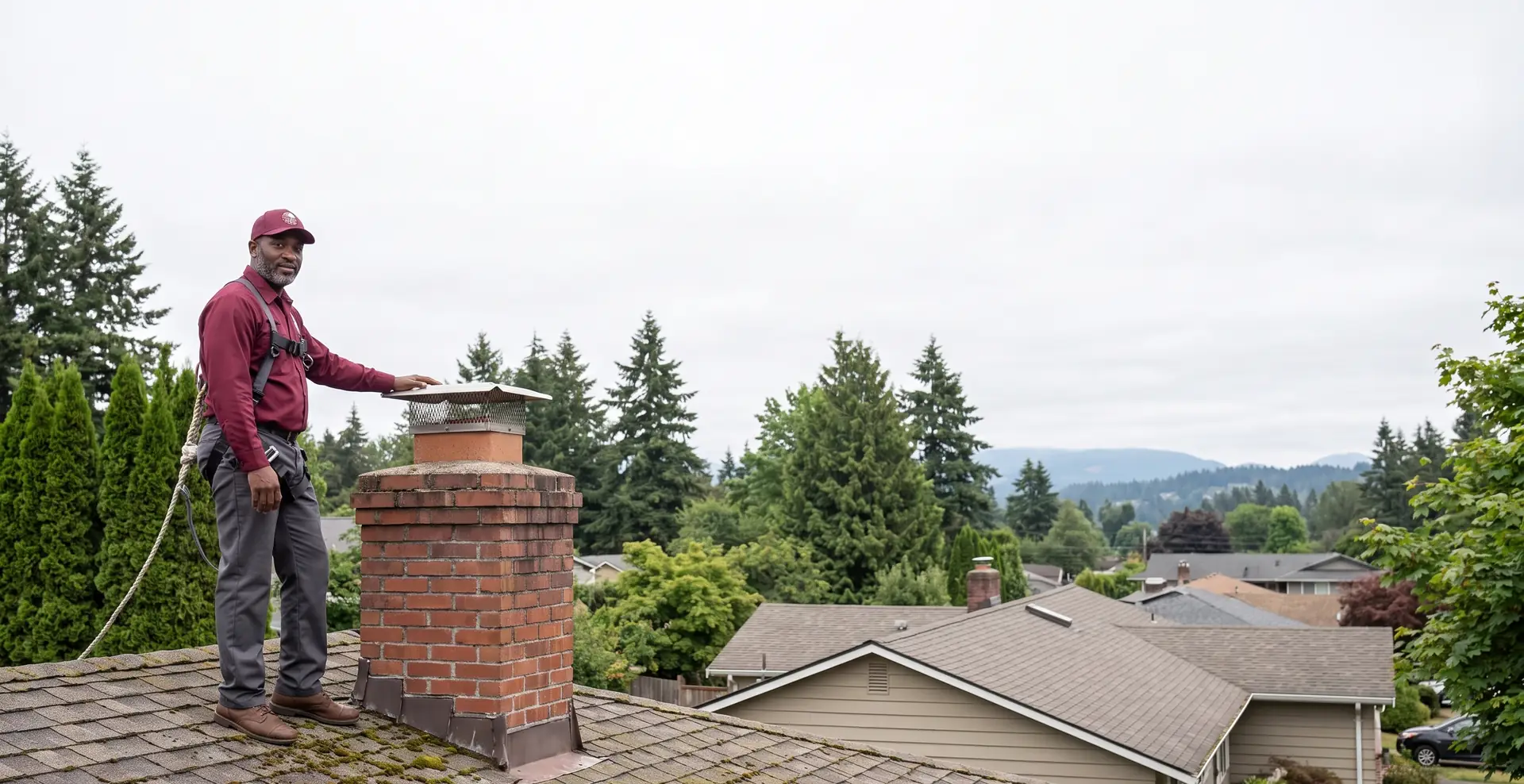 A Renton Chimney Pros technician beside a brick chimney on the roof of a Renton home