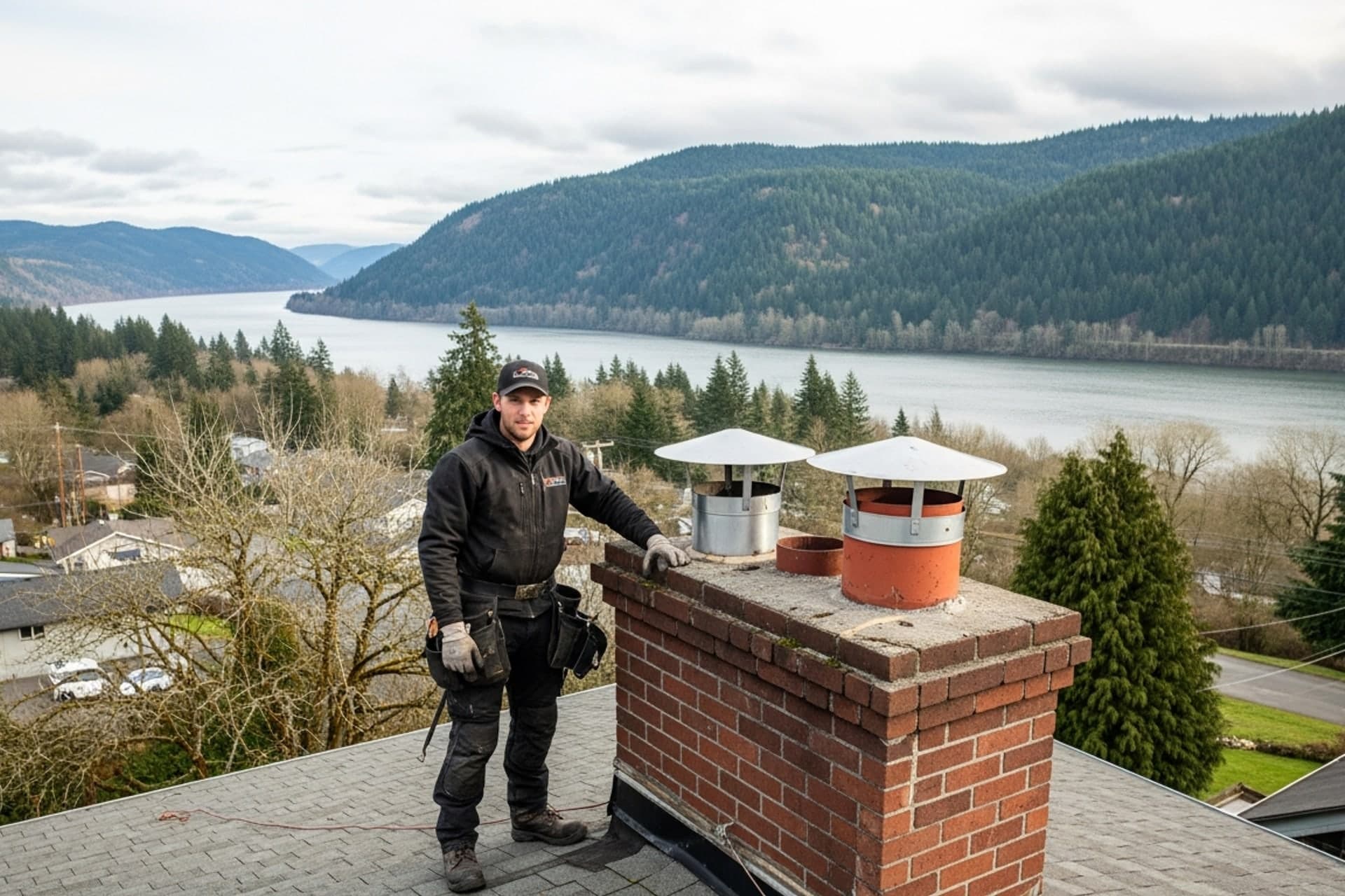 Chimney sweep technician inspecting a rooftop brick chimney on a Renton home