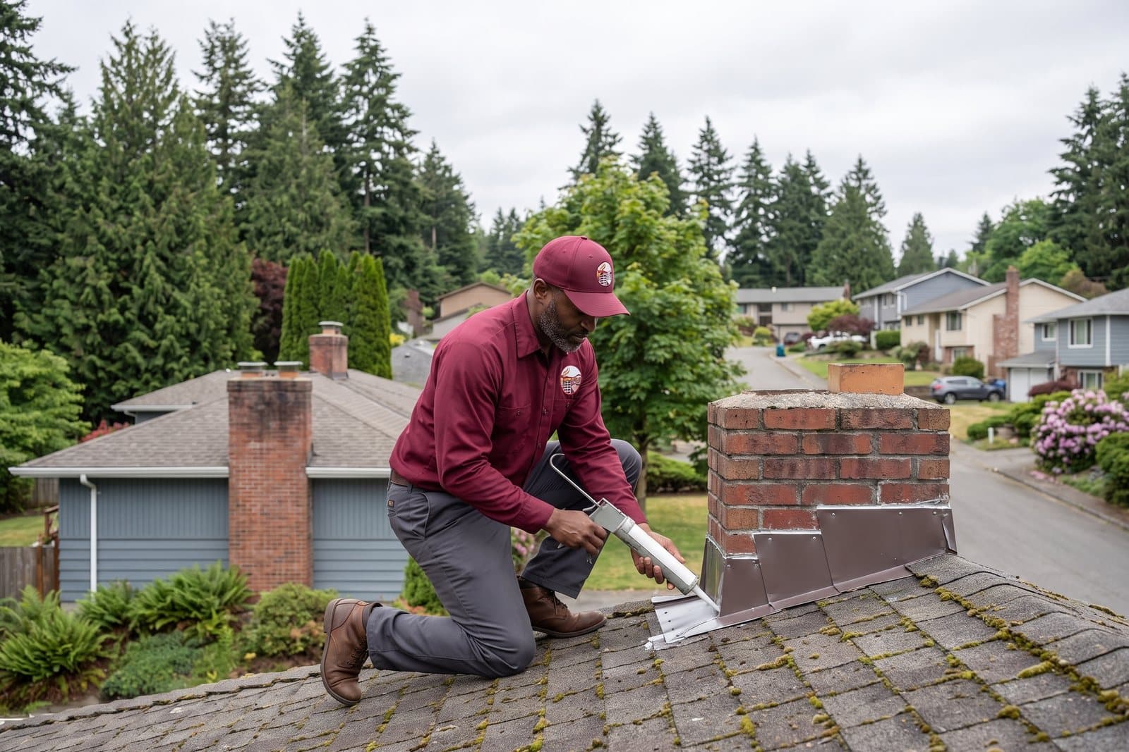 Chimney flashing repair at the roofline