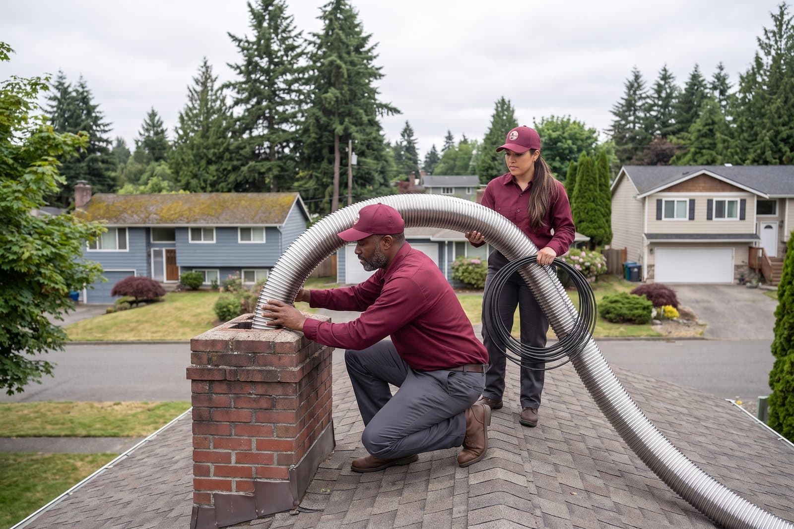 Stainless steel chimney liner being installed