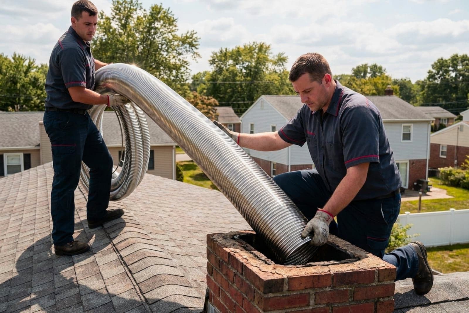 Chimney Relining in Washington — stainless steel chimney liner being installed