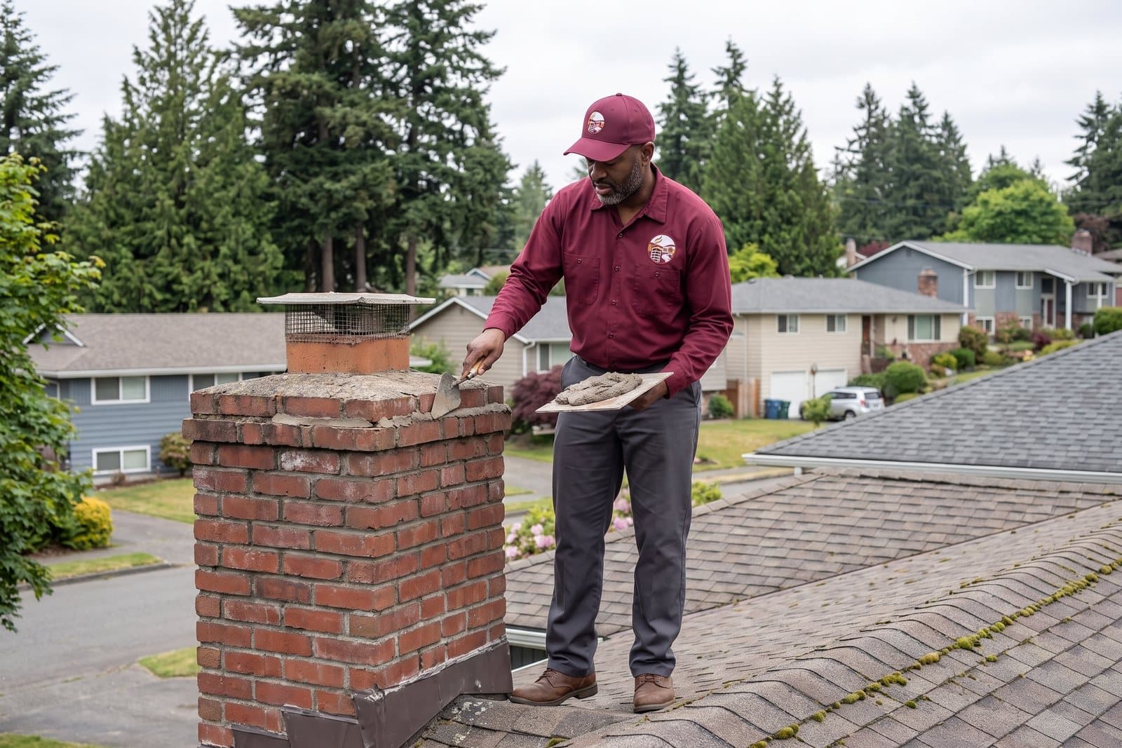 Masonry repair on a brick chimney