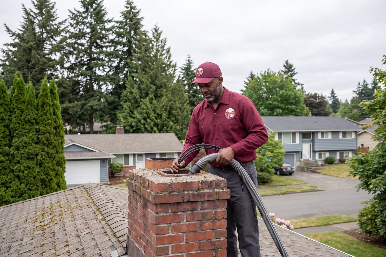 Chimney sweep cleaning a rooftop flue