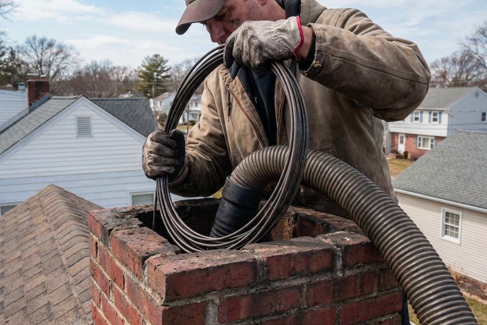Chimney Sweep in Washington — chimney sweep cleaning a rooftop flue
